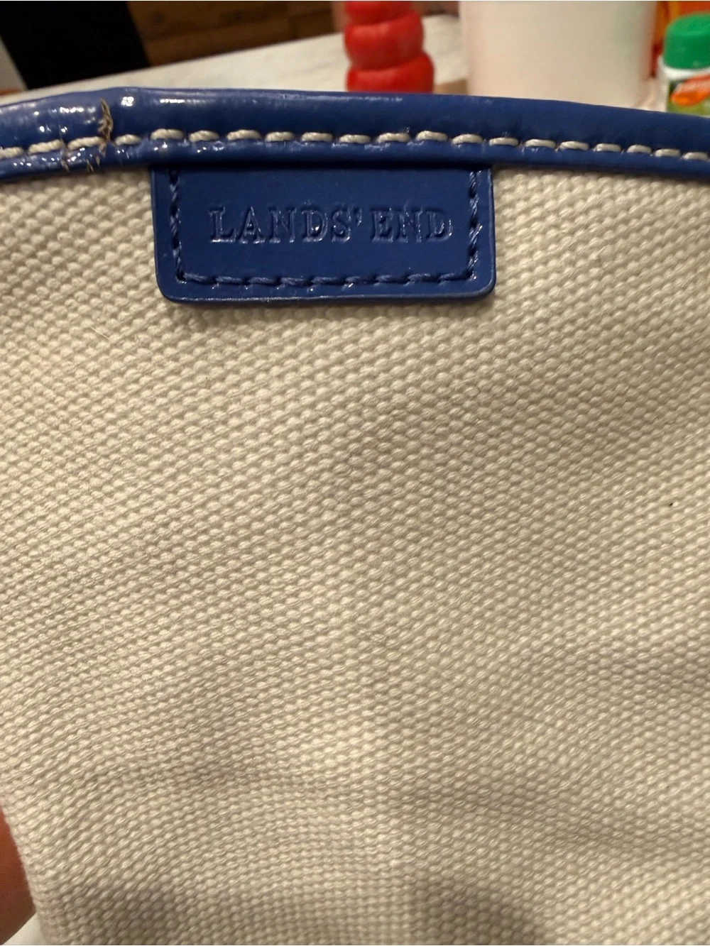 Lands’ End Boat Tote Bag with Blue Patent Leather Accents